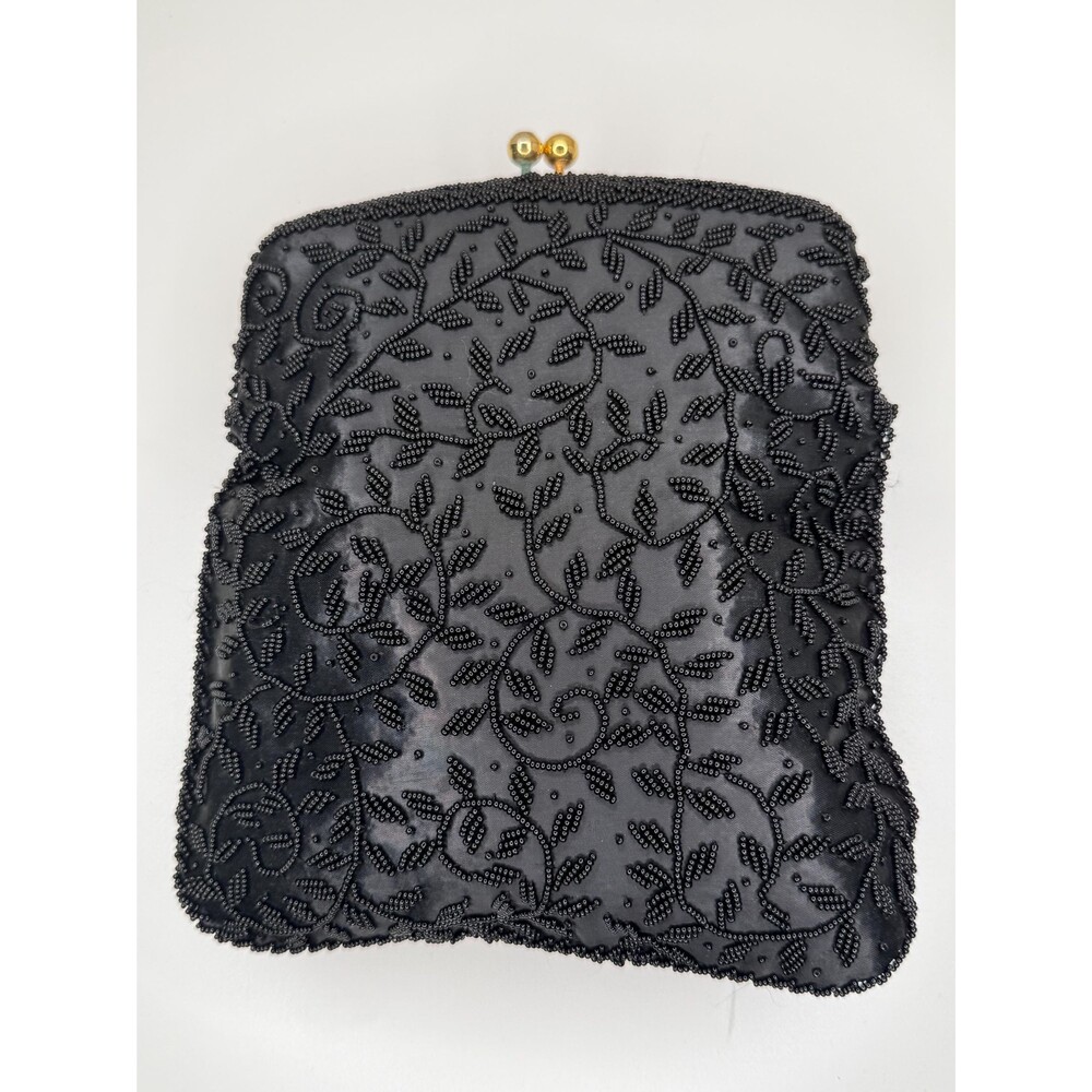 Vintage Black Beaded Hong Kong Satin Evening Clutch Kiss Lock Cocktail Purse